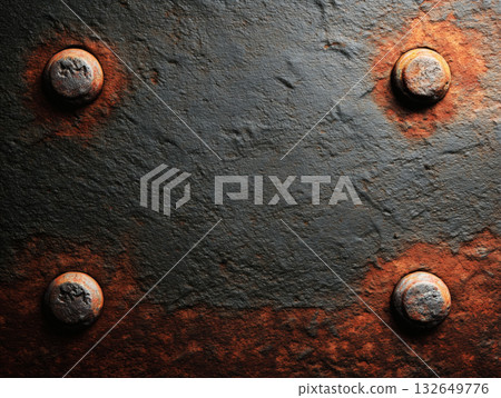 Texture background material of the rough metal texture of old steel with red rust spreading and bolts at the four corners 132649776
