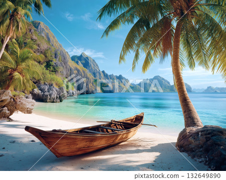 Spectacular beach scenery with wooden boats and palm trees on a tropical white sand beach Spectacular beach scenery with wooden boats and palm trees on a tropical white sand beach 132649890