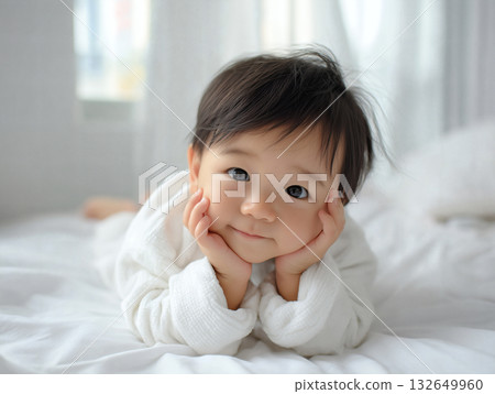 一張可愛嬰兒上半身的特寫照片,他用手托著下巴,微笑著看著你,背景是一塊白布。 一張可愛嬰兒上半身的特寫照片,他用手托著下巴,微笑著看著你,背景是一塊白布。 132649960