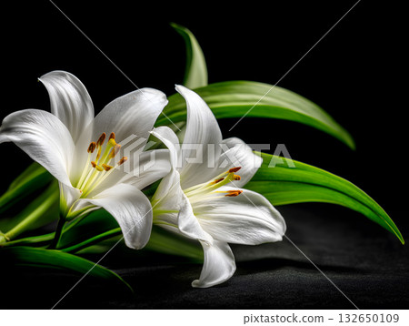 A close-up of a beautiful pure white lily blooming against a black background 132650109