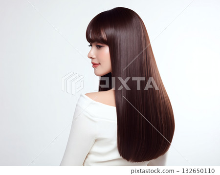 A close-up of the profile of a beautiful Japanese woman with shiny, glossy, long, straight brown hair 132650110