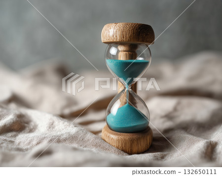 Wooden frame hourglass with blue sand falling and soft fabric background 132650111