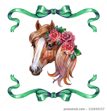 Watercolor illustration of a horse and green ribbon vintage style Watercolor illustration of a horse and green ribbon vintage style 132650157