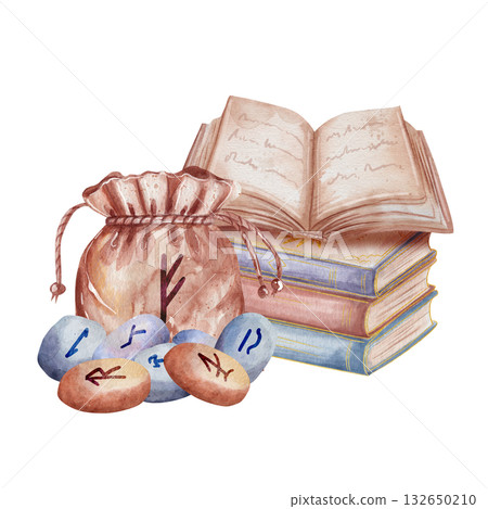 Watercolor illustration of stack of vintage paper books with an open book on top, canvas pouch tied with twine, and runes beside it. Isolated on white background Watercolor illustration of stack of vintage paper books with an open book on top, canvas pouch tied with twine, and runes beside it. Isolated on white background 132650210