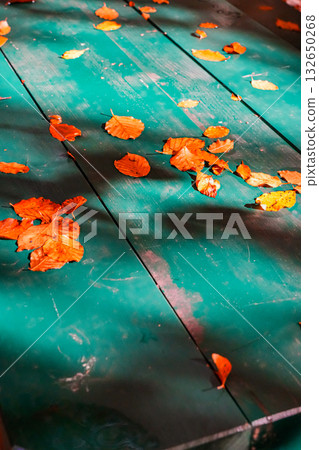 Close-Up of Orange Autumn Leaves on Wooden Bench 132650268