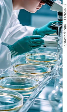 Asian scientist wearing in protective gloves examines microbial growth a microscope. Beside with him an array of petri dishes and chemical flasks. Asian scientist wearing in protective gloves examines microbial growth a microscope. Beside with him an array of petri dishes and chemical flasks. 132650297