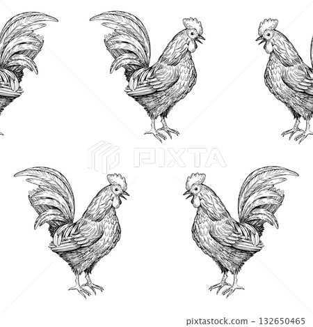 Seamless pattern of roosters. Vector ink styled handmade illustration. For packaging design, cards, cover, prints, product labels and fabric. Seamless pattern of roosters. Vector ink styled handmade illustration. For packaging design, cards, cover, prints, product labels and fabric. 132650465