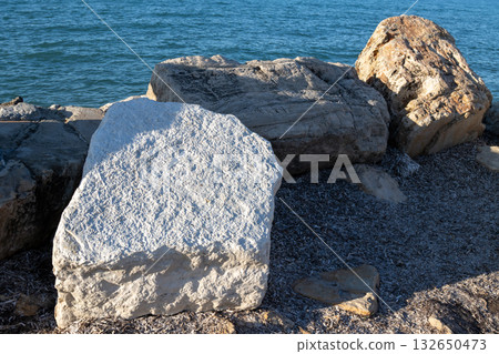 Detail of natural boulders - breakwaters, Greece Detail of natural boulders - breakwaters, Greece 132650473
