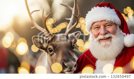 Smiling Santa Claus and a reindeer portrait with soft golden bokeh lights, capturing the magic of Christmas Eve. 132650497