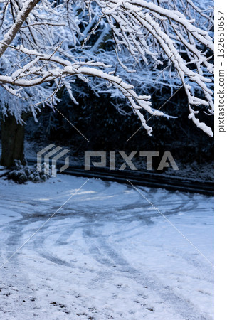 Tire tracks in the snow_vertical Tire tracks in the snow_vertical 132650657