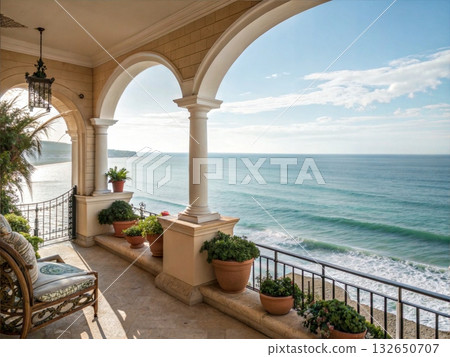 Seaside Mediterranean Balcony With Arches And Ocean View Seaside Mediterranean Balcony With Arches And Ocean View 132650707