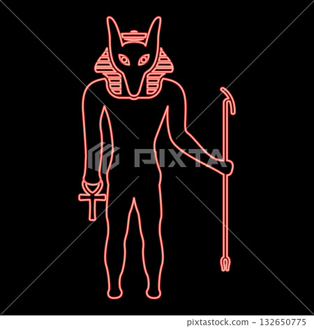Neon anubis deity with jackal head ancient Egyptian god holds staff and anch cross silhouette mythical red color vector illustration image flat style 132650775