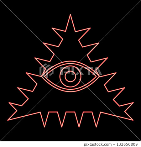 Neon mason symbol occult emblem of masonic Illuminati triangle all seeing eye of vision providence sacred sign in pyramid in triangle secret concept red color vector illustration image flat style Neon mason symbol occult emblem of masonic Illuminati triangle all seeing eye of vision providence sacred sign in pyramid in triangle secret concept red color vector illustration image flat style 132650809