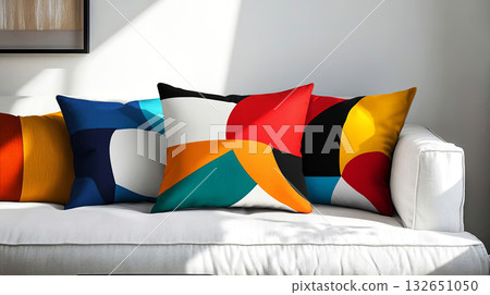 Colorful decorative pillows arranged on a modern white sofa in a bright living room, showcasing vibrant patterns and textures, enhancing interior design aesthetics Colorful decorative pillows arranged on a modern white sofa in a bright living room, showcasing vibrant patterns and textures, enhancing interior design aesthetics 132651050