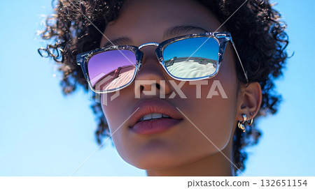 Young woman with curly hair wearing stylish sunglasses, reflecting a bright blue sky and beach scenery, showcasing summer fashion and vibrant outdoor lifestyle Young woman with curly hair wearing stylish sunglasses, reflecting a bright blue sky and beach scenery, showcasing summer fashion and vibrant outdoor lifestyle 132651154