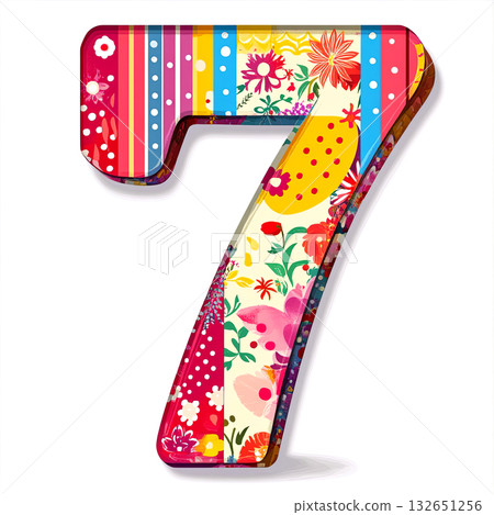 Colorful floral number seven illustration with vibrant patterns and textures, showcasing a playful design suitable for various creative projects and celebrations 132651256