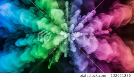 Explosion of colorful smoke clouds colliding in air. 132651286