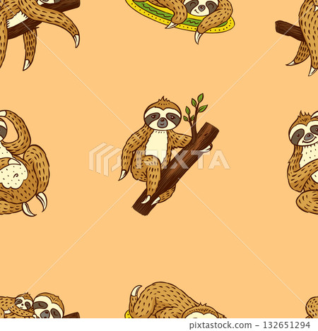 Seamless pattern with cute sloth characters in hand drawn style. Different poses, hanging, eating 132651294