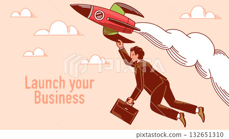 A businessman in a suit on a rocket. Launch your business Start up concept. Successful project 132651310