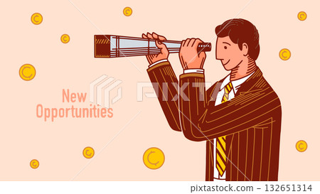 A businessman in suit standing with a telescope looking for new opportunity in his business company A businessman in suit standing with a telescope looking for new opportunity in his business company 132651314