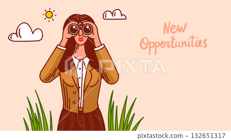 New Opportunities banner with a business lady with binoculars seeking for business conclusions New Opportunities banner with a business lady with binoculars seeking for business conclusions 132651317