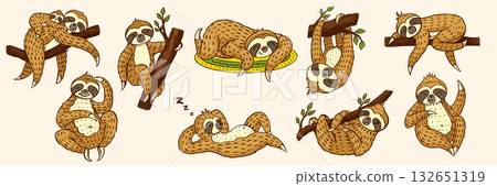 Cartoon sloth characters in hand drawn style. Different poses, hanging, eating, chilling on a branch 132651319