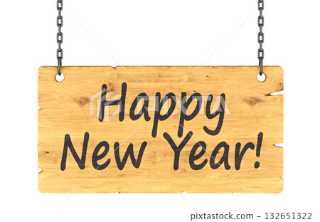 Happy New Year, wooden sign hanging on chain. 3D rendering 132651322