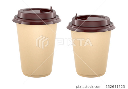 Paper coffee cups with brown lids mockup. 3D rendering Paper coffee cups with brown lids mockup. 3D rendering 132651323