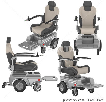 Motorized power chair, electric wheelchair four views. 3D rendering Motorized power chair, electric wheelchair four views. 3D rendering 132651324