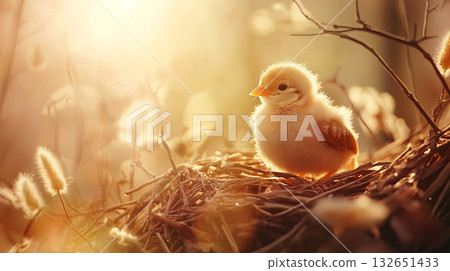 Soft, fluffy chick resting in a cozy nest surrounded by gentle light and soft foliage, embodying the essence of new beginnings and nature's beauty in a serene environment Soft, fluffy chick resting in a cozy nest surrounded by gentle light and soft foliage, embodying the essence of new beginnings and nature's beauty in a serene environment 132651433