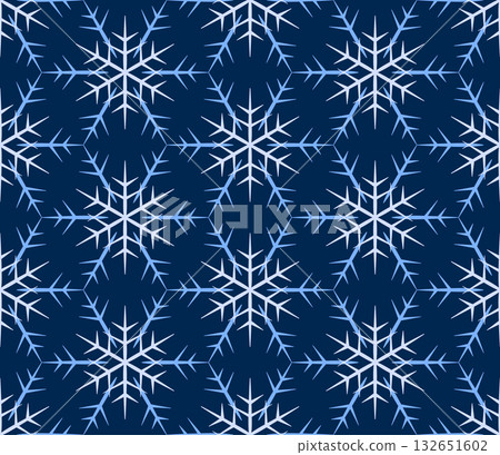 Blue white geometric background of snowflakes on dark blue background. Winter geometry seamless pattern. Classic Christmas decor 132651602