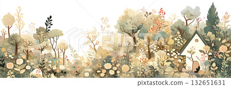 Watercolor illustration of a serene landscape featuring a quaint house surrounded by lush trees and colorful flowers, creating a peaceful and inviting atmosphere with ample copy space 132651631