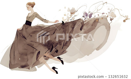 Elegant woman in flowing dress dances gracefully, surrounded by soft floral elements, showcasing a blend of fashion and artistry in a whimsical illustration style 132651632