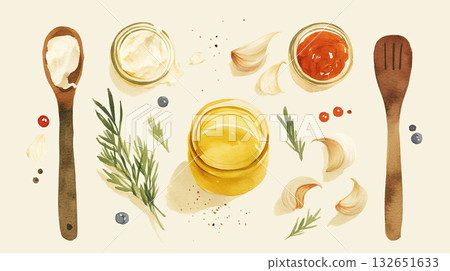 Colorful watercolor illustration featuring various ingredients including herbs, garlic, sauces, and wooden utensils arranged artistically on a light background for culinary inspiration and creativity 132651633