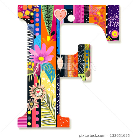 Colorful letter F decorated with vibrant floral patterns and abstract shapes, showcasing artistic design elements and creative expression in a playful manner 132651635
