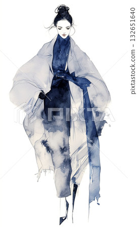 Elegant woman in flowing blue and gray watercolor attire, gracefully posed with soft brush strokes, embodying beauty and sophistication in a fashion illustration 132651640