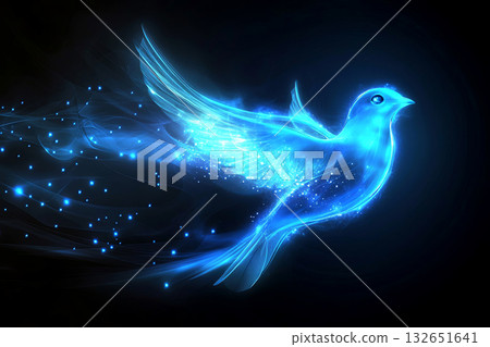 Ethereal blue bird illustration with glowing feathers and sparkling trails, soaring through a dark background, symbolizing freedom and transcendence in a magical atmosphere 132651641