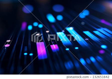 Abstract digital visualization with vibrant blue and purple lines and shapes, creating a dynamic background for technology, data analysis, or futuristic concepts in a modern design 132651642