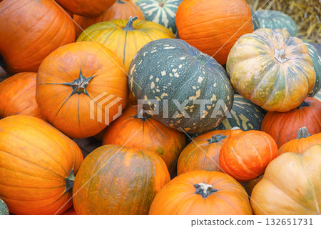 Stack, pile of colorful autumn pumpkins of various shapes and sizes, seasonal harvest background Stack, pile of colorful autumn pumpkins of various shapes and sizes, seasonal harvest background 132651731