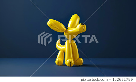Whimsical yellow balloon dog against  bold blue backdrop, capturing playful elegance 132651799