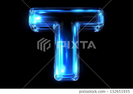 3D illustration of a glowing blue letter T, designed with a transparent glass-like texture, radiating light against a dark background, creating a modern and futuristic visual effect 132651935