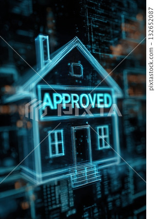 Futuristic Digital Mortgage Approval with Holographic 3D Home Projection Futuristic Digital Mortgage Approval with Holographic 3D Home Projection 132652087