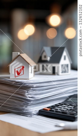 Stack of Documents with Approved Stamp, House Model, and Calculator in Office 132652102