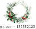 Watercolor illustration of a wreath with red berries, holly leaves and fir tree branches 132652123