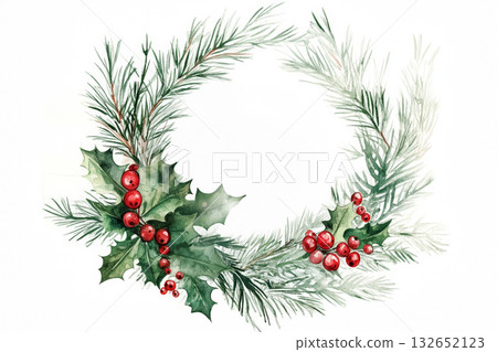 Watercolor illustration of a wreath with red berries, holly leaves and fir tree branches 132652123
