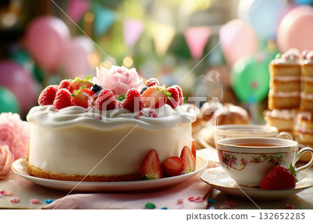 Celebration Cake with Berries and Tea Cups at an Outdoor Garden Party Celebration Cake with Berries and Tea Cups at an Outdoor Garden Party 132652285