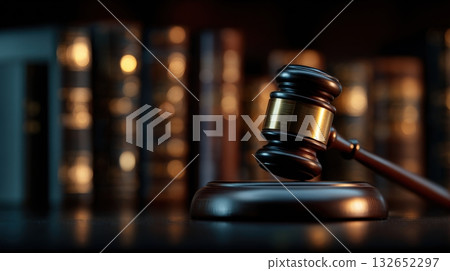 Gavel in Focus with Blurred Law Books in Elegant Lighting 132652297