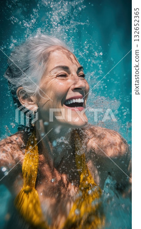 Joyful Woman with Gray Hair Splashing in Pool, Vibrant Lifestyle Shot 132652365