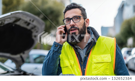Bearded Mechanic in Safety Vest Checks Car While on Phone in Urban Setting 132652384