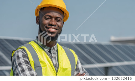 African Engineer on Rooftop with Solar Panels, Celebrating Renewable Energy Success 132652416